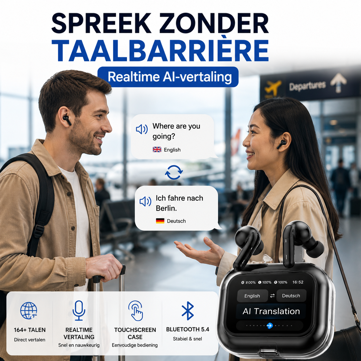 AI Vertaal Oordopjes | Realtime Translator Earbuds | Smart Display Case | Bluetooth 5.4
