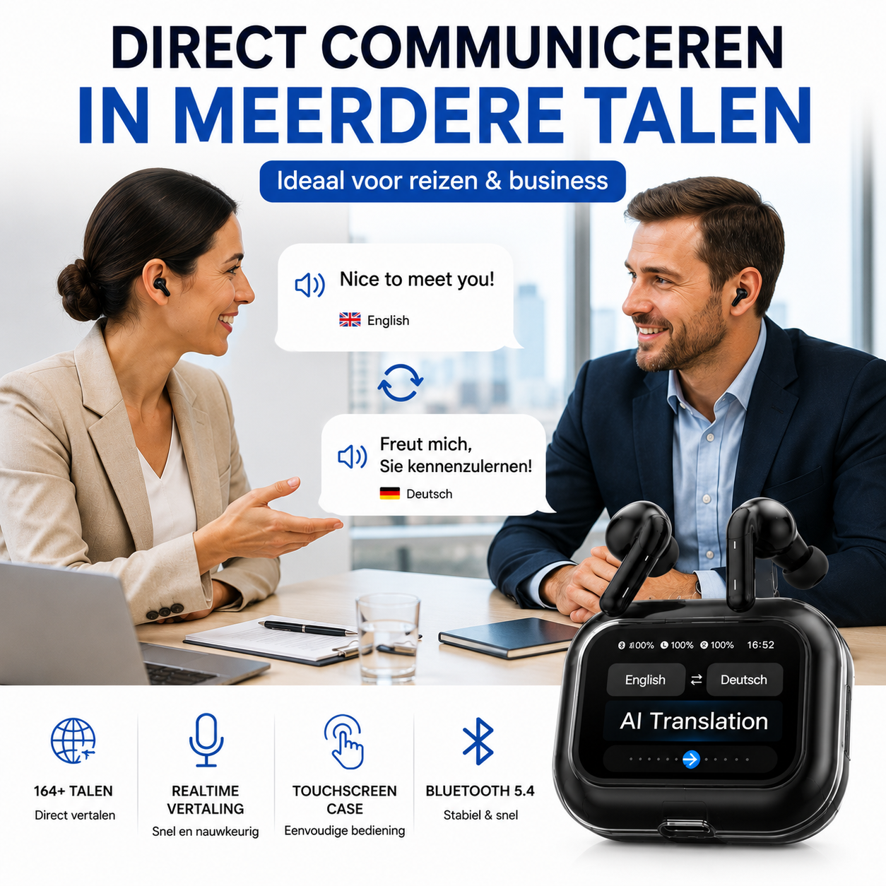 AI Vertaal Oordopjes | Realtime Translator Earbuds | Smart Display Case | Bluetooth 5.4